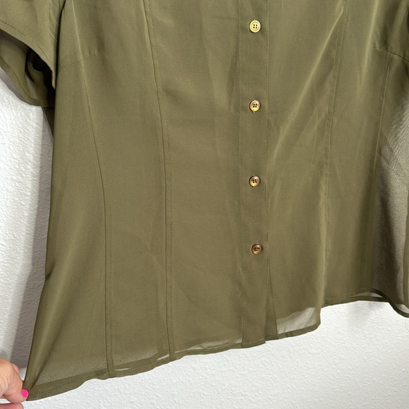Olive green sheer button down shirt, size 13/14 - Picture 3 of 6